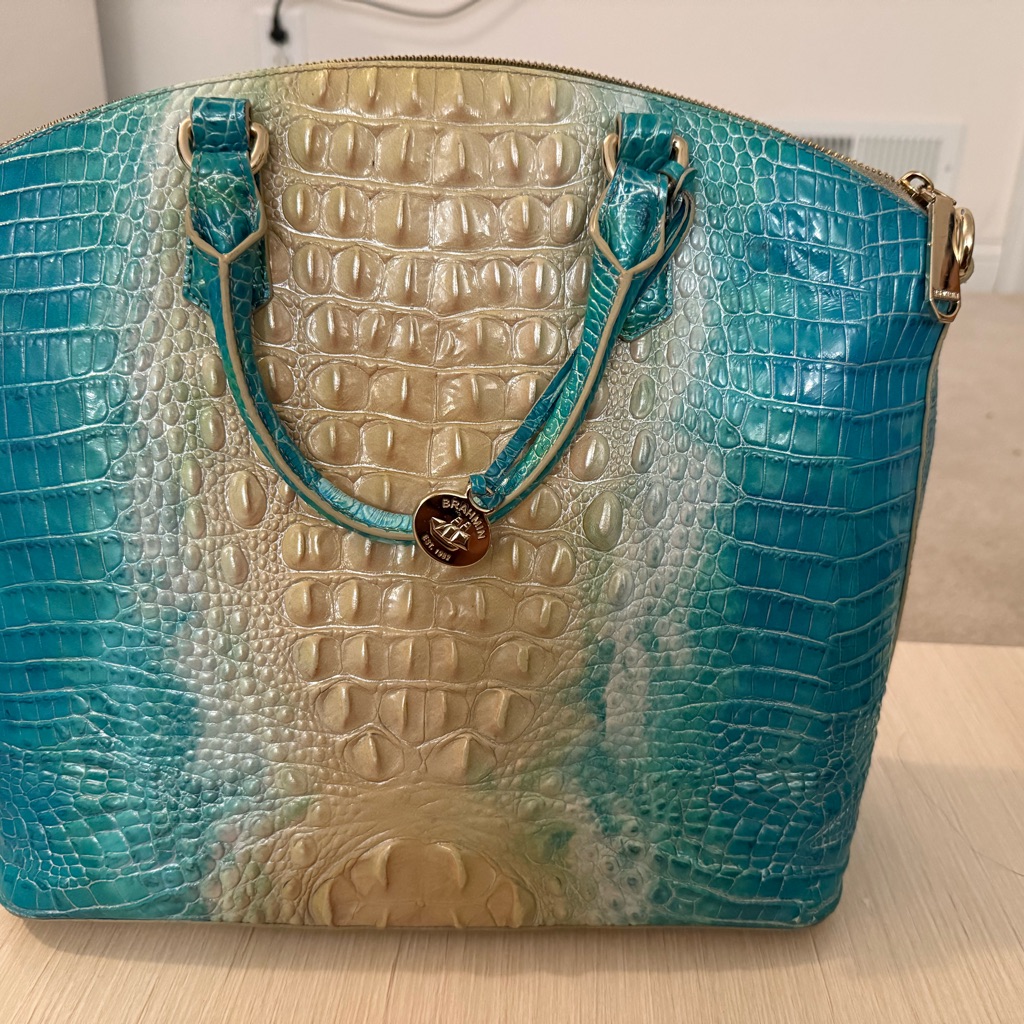 Brahmin Blue And Cream Crocodile-Embossed Tote